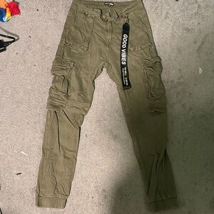 Fashion Nova Olive Green Cargo Joggers with 'Good Vibes' Tag